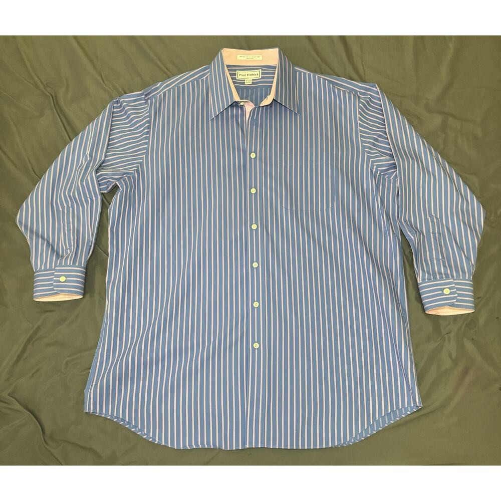 Paul Fredrick Mens‎ Dress Shirt 17.5 33 Blue Pink Striped Two-Ply Cotton
